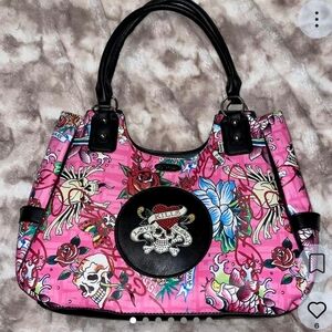 Ed Hardy Pink and Black Skull Floral Shoulder Bag